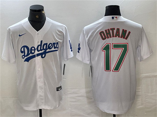 Los Angeles Dodgers #17 Shohei Ohtani White Green Cool Base Stitched Jersey